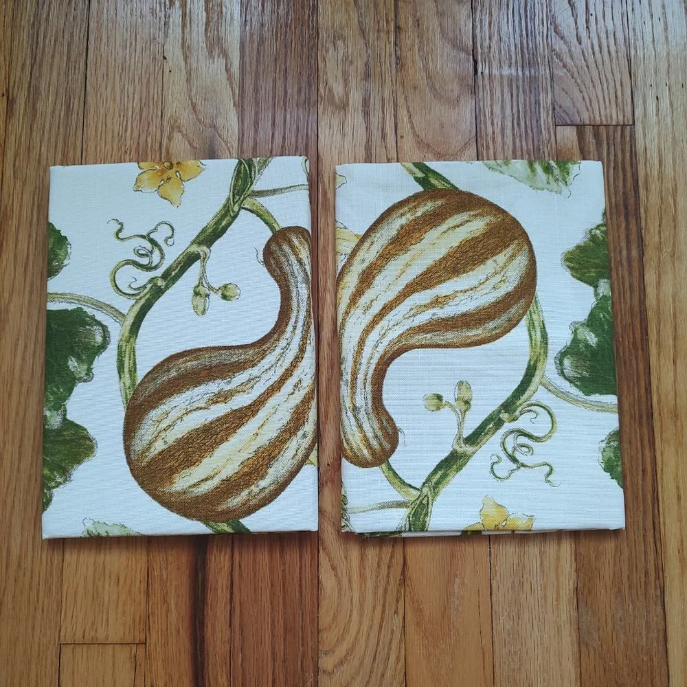 Williams Sonoma 2 Botanical Pumpkin and Gourd Print Towels Set Towel White Green